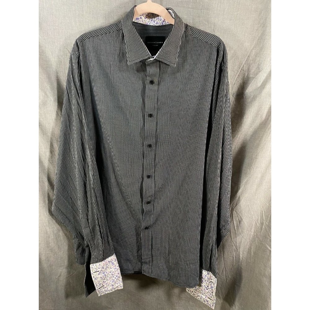 Dress Code Button Up Shirt Adult Large‎ Black Grey Striped Contrast Cuff Mens.